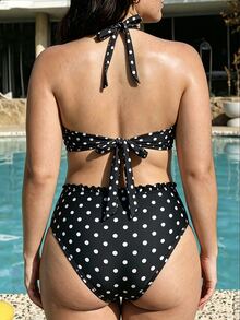 Swim Mod 2026 Spring/Summer New Plus Size 2-Piece Swimwear Set, Polka Dot Print Fabric, Bandeau Top With Ruched Ruffle Hem, Back Tie, Detachable Shoulder Straps, Ruched Ruffle Waist Pants, Sexy Vacation Beachwear, Pool Attire, Party Outfit - Black and White - View 2