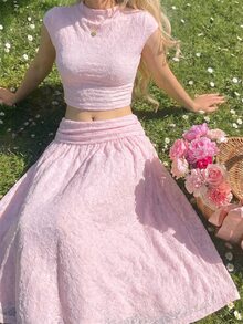 SHEIN MOD 女款甜美蕾絲T恤與百褶長裙兩件套 - 粉色 - 查看 1