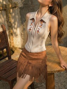 SHEIN MOD Áo vest nữ họa tiết hoa - Màu Khaki - Xem 1