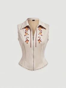 SHEIN MOD Áo vest nữ họa tiết hoa - Màu Khaki - Xem 7