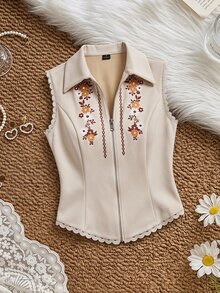 SHEIN MOD Áo vest nữ họa tiết hoa - Màu Khaki - Xem 3