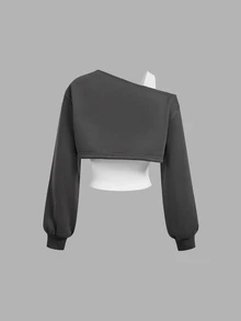 SHEIN MOD Women's Versatile Solid Color Asymmetrical Shoulder Tank Top And Asymmetrical Shoulder Cropped Long Sleeve Sweatshirt Set - Dark Grey - View 2