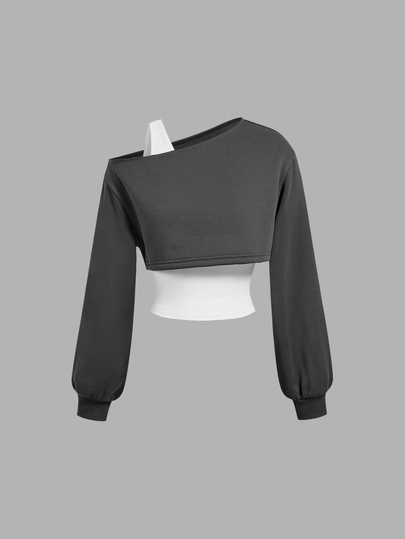 SHEIN MOD طقم نسائي متعدد الاستخدامات بلون موحد، توب كتف غير متماثل وسويت شيرت قصير بأكمام طويلة وكتف غير متماثل