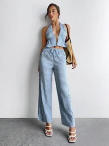 Aloruh Minimalist Sexy Commuter Young Street Style Blue And White Plaid Halter Tie Slit Tank Top + Low Waist Plaid Maxi Pants 2 Pieces Set For Women Beach - Baby Blue - View 5
