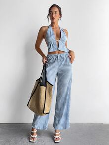 Aloruh Minimalist Sexy Commuter Young Street Style Blue And White Plaid Halter Tie Slit Tank Top + Low Waist Plaid Maxi Pants 2 Pieces Set For Women Beach - Baby Blue - View 3