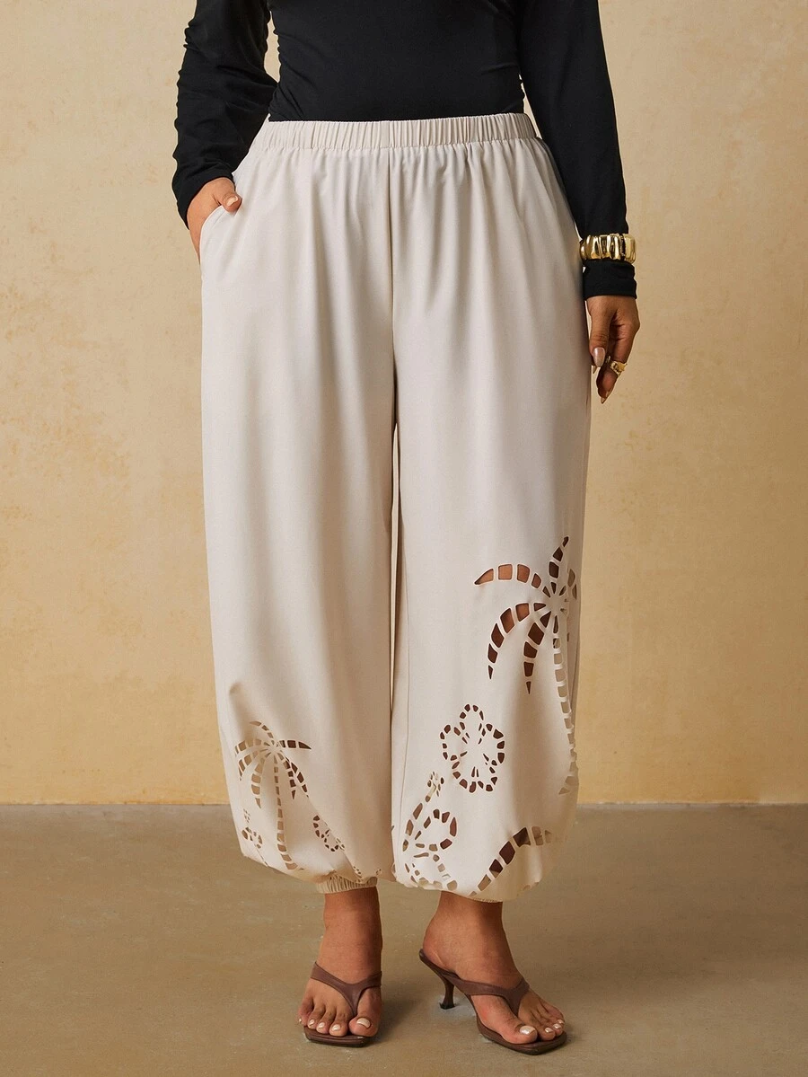 Travachic Plus Size Women's Hollow Out Design Pocket Vacation Long Pants - Beige - View 1