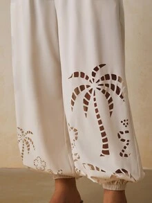 Travachic Plus Size Women's Hollow Out Design Pocket Vacation Long Pants - Beige - View 5