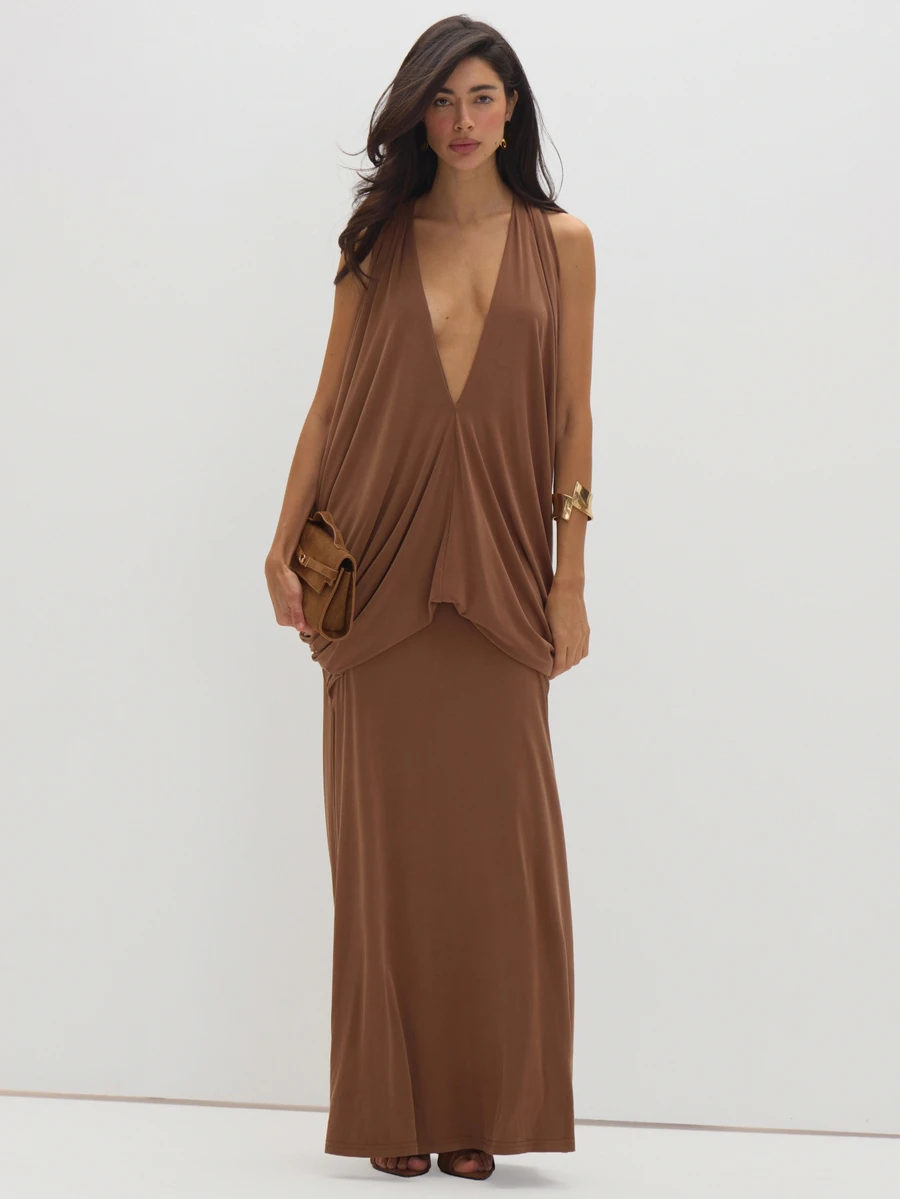 MUSEYN Brown Chocolate Plunge Neckline Draped Back Maxi Dress Elegant Dramatic Vacation Evening Wedding Guest Fall New Season Capsule Wardrobe - Brown - View 1
