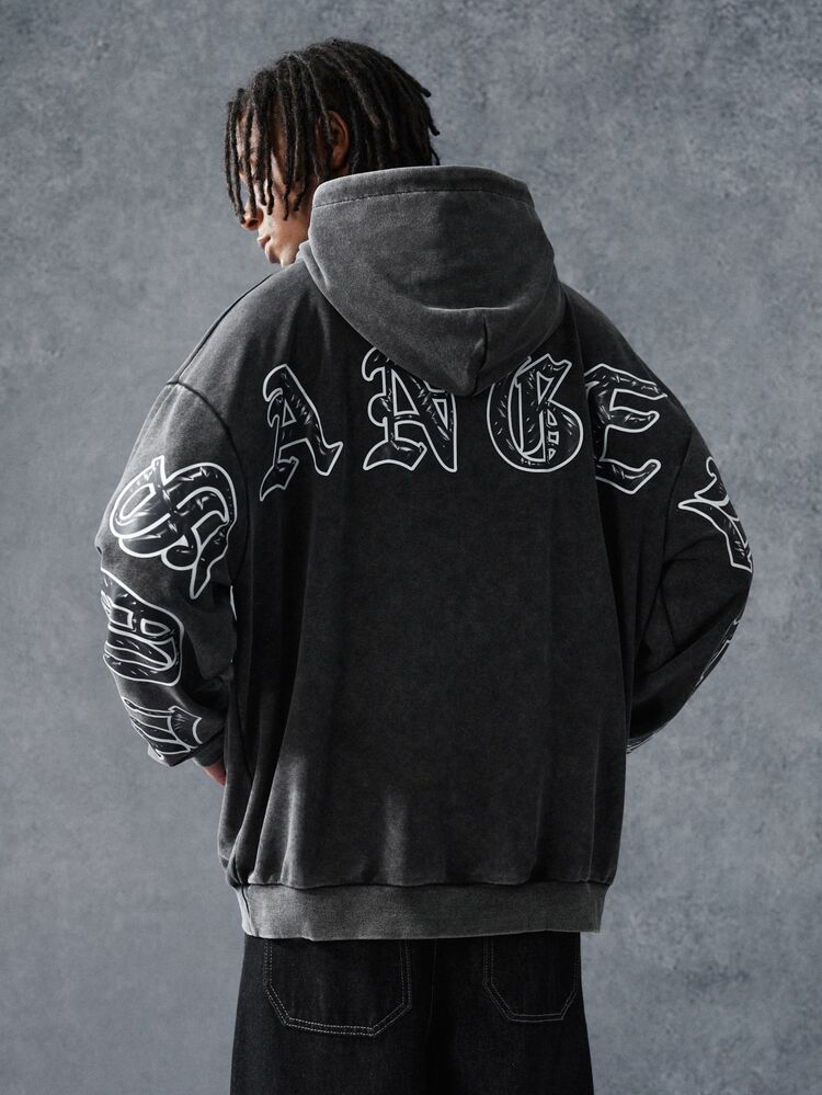 PAVTROS Men's Streetwear Hot-Selling INS Style Heavy-Duty Snow-Wash Craft Los Angeles Textured Print Accents Daily Casual Wear Boyfriend Husband Gift Anniversary Gift Black Hoodie - Black - View 1