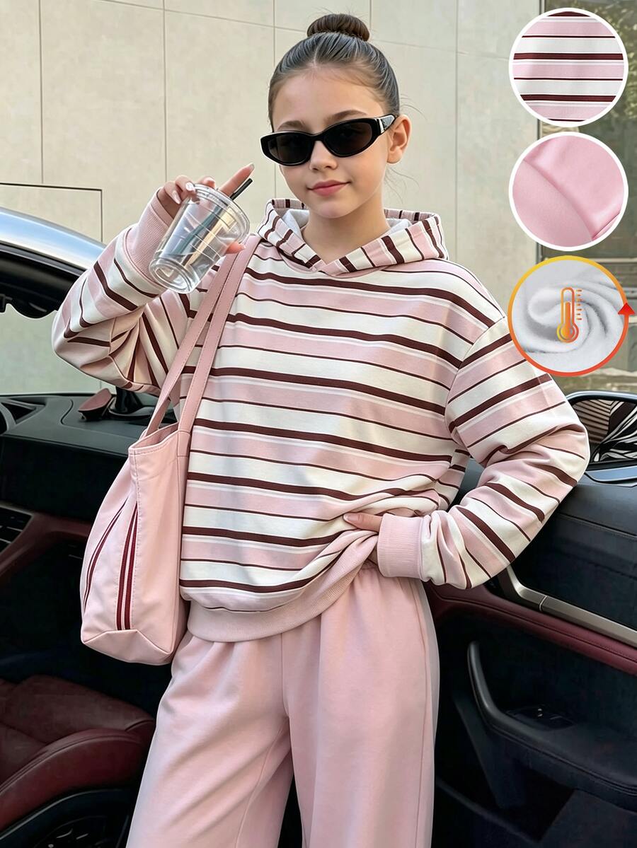 青少年女孩條紋長袖連帽衫與長褲休閒套裝，秋冬款，圓領，上衣與長褲套裝，可愛寬鬆風格 - 粉色 - 查看 1