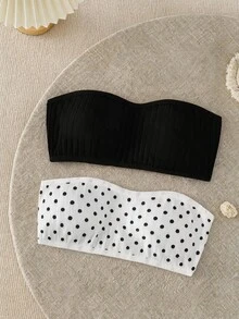 SHEIN 青少年女孩休閒波點黑色針織抹胸上衣 - 黑與白 - 查看 1