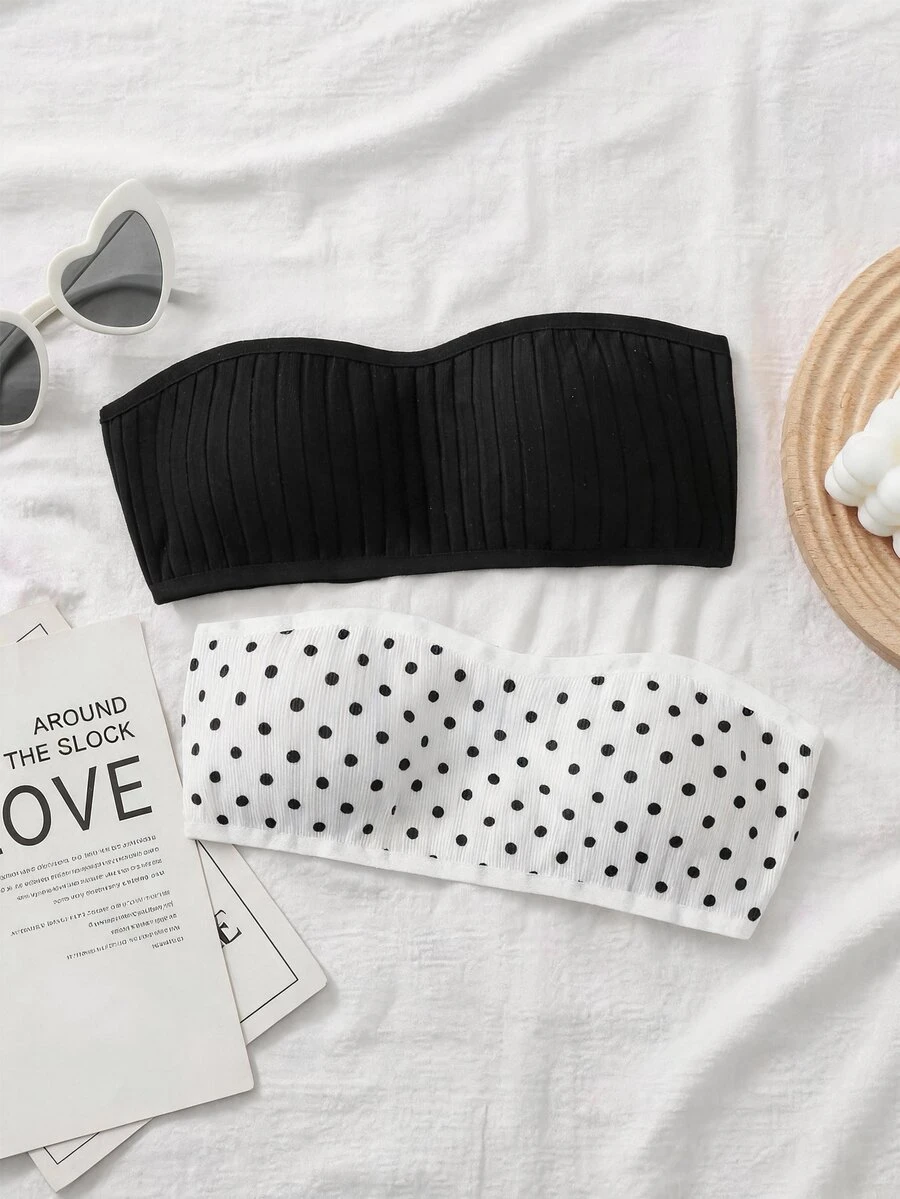 SHEIN Atasan Tube Rajut Motif Polkadot Hitam Kasual untuk Anak Perempuan Remaja - Hitam dan Putih - View 1