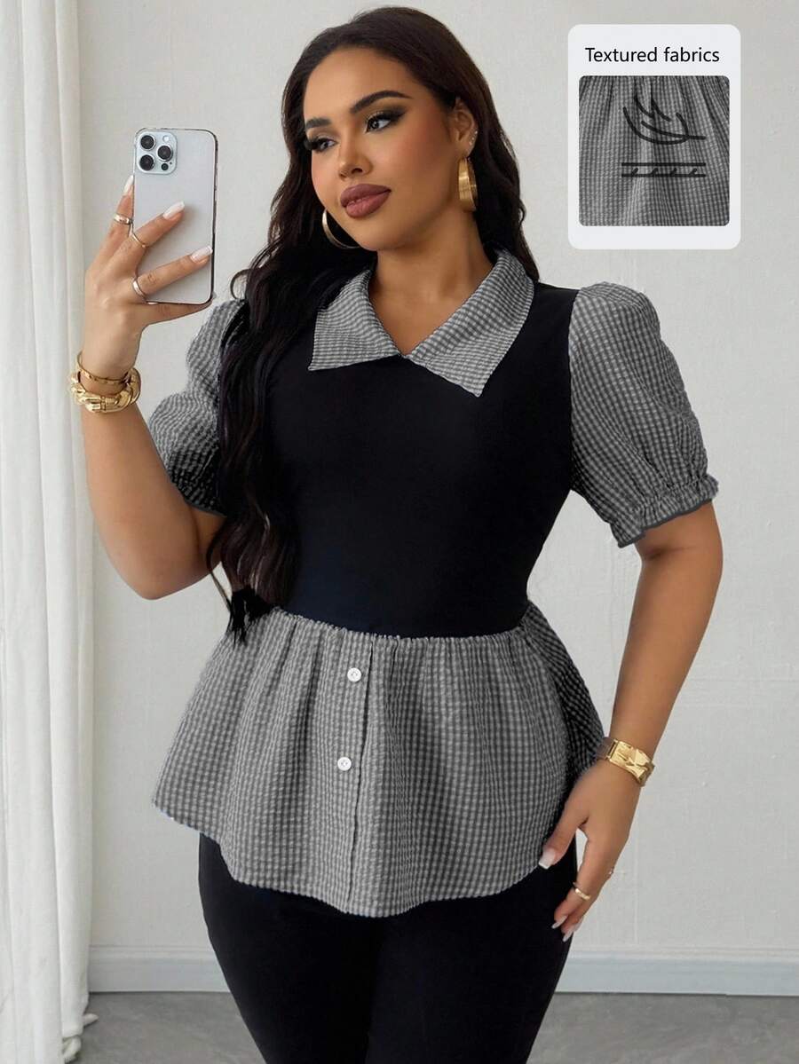 Maweii Plus Size Women Lapel Patchwork Plaid Faux 2-In-1 Top - Black - View 1
