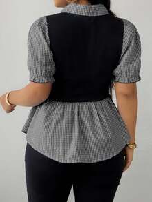 Maweii Plus Size Women Lapel Patchwork Plaid Faux 2-In-1 Top - Black - View 2