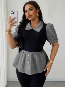 Maweii Plus Size Women Lapel Patchwork Plaid Faux 2-In-1 Top - Black - View 3