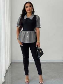Maweii Plus Size Women Lapel Patchwork Plaid Faux 2-In-1 Top - Black - View 6
