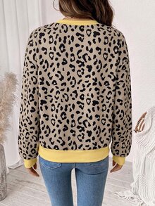 SHEIN LUNE 女款豹紋拼色休閒日常長袖運動衫 - 白色 - 查看 2