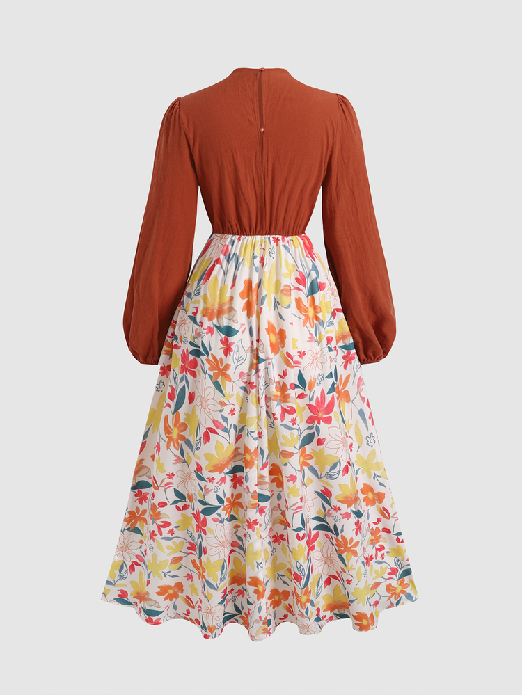 Teen Girl Girls Elegant Printed Patchwork Brown Long Sleeve Lantern Sleeve Dress Autumn/Winter Vacation Nomad Style Long Dress - Multicolor - View 3