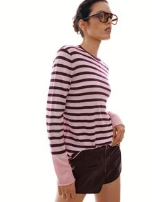 MOTF PREMIUM FALL/WINTER URBAN CHIC WOOL BLEND COLORFUL STRIPED KNIT TOP - Pink - View 10