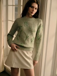 MOTF PREMIUM WOMEN'S ELEGANT FLORAL JACQUARD ROUND NECK NEW PULLOVER KNIT SWEATER - Green - View 7