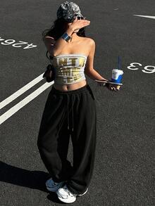 DAZY 女款純色抽繩腰口袋寬腿鬆垮休閒運動褲 女款慢跑褲 可愛上衣 - 黑色 - 查看 10