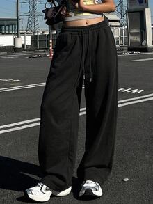 DAZY 女款純色抽繩腰口袋寬腿鬆垮休閒運動褲 女款慢跑褲 可愛上衣 - 黑色 - 查看 9