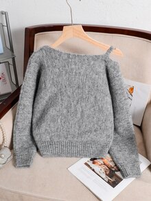 SHEIN 青少年女孩不對稱單肩背帶時尚極簡風派對休閒學院風毛衣，秋冬款 - 灰色 - 查看 6