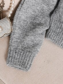 SHEIN 青少年女孩不對稱單肩背帶時尚極簡風派對休閒學院風毛衣，秋冬款 - 灰色 - 查看 8