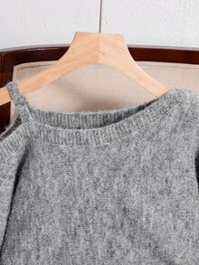 SHEIN 青少年女孩不對稱單肩背帶時尚極簡風派對休閒學院風毛衣，秋冬款 - 灰色 - 查看 7