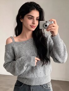 SHEIN 青少年女孩不對稱單肩背帶時尚極簡風派對休閒學院風毛衣，秋冬款 - 灰色 - 查看 5