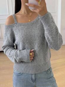 SHEIN 青少年女孩不對稱單肩背帶時尚極簡風派對休閒學院風毛衣，秋冬款 - 灰色 - 查看 3