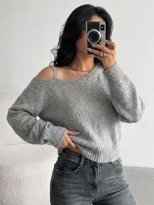 SHEIN 青少年女孩不對稱單肩背帶時尚極簡風派對休閒學院風毛衣，秋冬款 - 灰色 - 查看 4