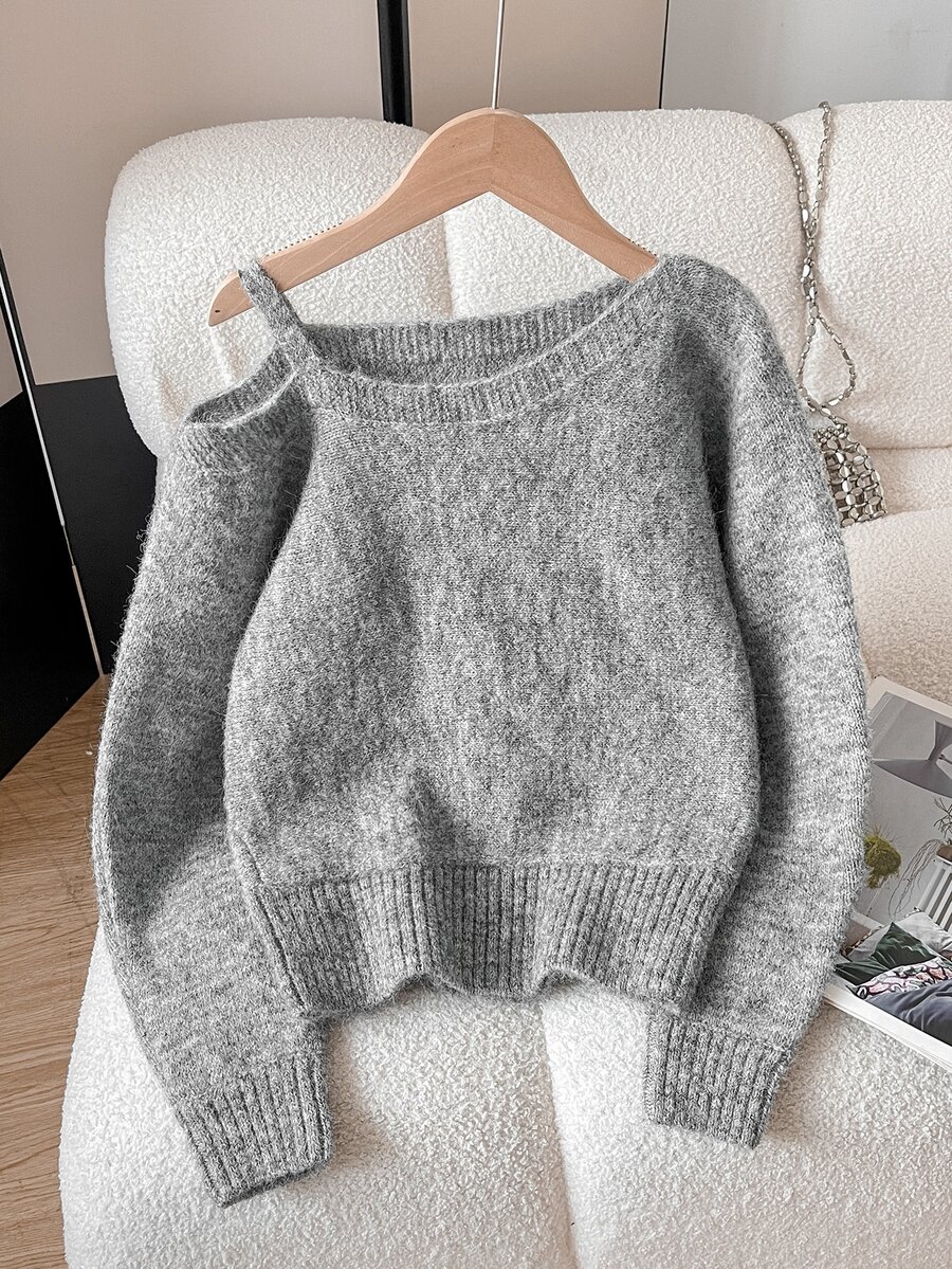 SHEIN 青少年女孩不對稱單肩背帶時尚極簡風派對休閒學院風毛衣,秋冬款 - 灰色 - 查看 1