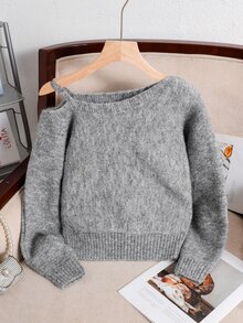 SHEIN 青少年女孩不對稱單肩背帶時尚極簡風派對休閒學院風毛衣，秋冬款 - 灰色 - 查看 2