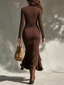 LUMIGAL Elegant Sexy Solid Color Ruffle Pleated Slit Long Sleeve Dress For Women Night Out Date Night Dark Brown Autumn - Brown - View 2