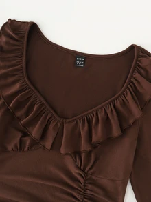 LUMIGAL Elegant Sexy Solid Color Ruffle Pleated Slit Long Sleeve Dress For Women Night Out Date Night Dark Brown Autumn - Brown - View 3