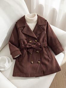 SHEIN Souflis Baby Girls Fashion Elegant Belted Lapel Front-Open Long Trench Coat - Camel - View 3