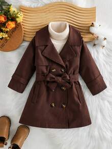 SHEIN Souflis Baby Girls Fashion Elegant Belted Lapel Front-Open Long Trench Coat - Camel - View 7