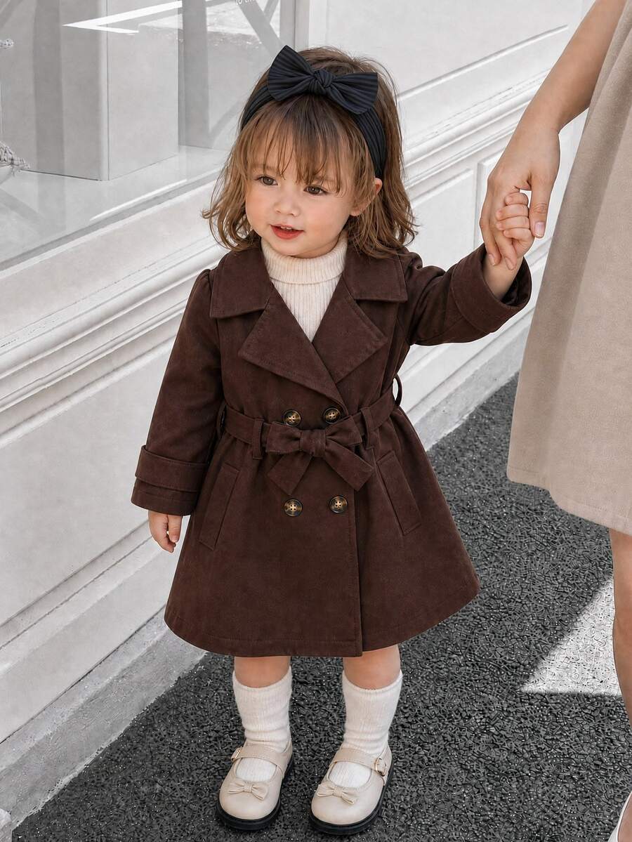 SHEIN Souflis Baby Girls Fashion Elegant Belted Lapel Front-Open Long Trench Coat - Camel - View 1
