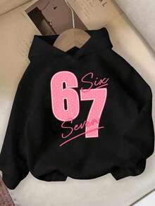 SHEIN (1件)青少年女孩粉色 67 Six Seven 波點數字字母印花連帽衛衣 長袖休閒可愛時尚清新粉色秋季日常上衣告別 - 黑色 - 查看 3