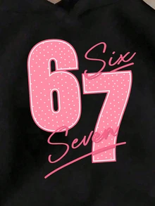 SHEIN (1件)青少年女孩粉色 67 Six Seven 波點數字字母印花連帽衛衣 長袖休閒可愛時尚清新粉色秋季日常上衣告別 - 黑色 - 查看 4