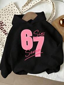 SHEIN (1件)青少年女孩粉色 67 Six Seven 波點數字字母印花連帽衛衣 長袖休閒可愛時尚清新粉色秋季日常上衣告別 - 黑色 - 查看 1