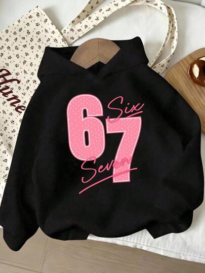 SHEIN Teen Girls 1 Pc Black 67 Six Seven Polka‑Dot Number Letter Print Sweatshirt Long Sleeve Casual Baggy Cute Autumn Daily Tops School Sixth Form