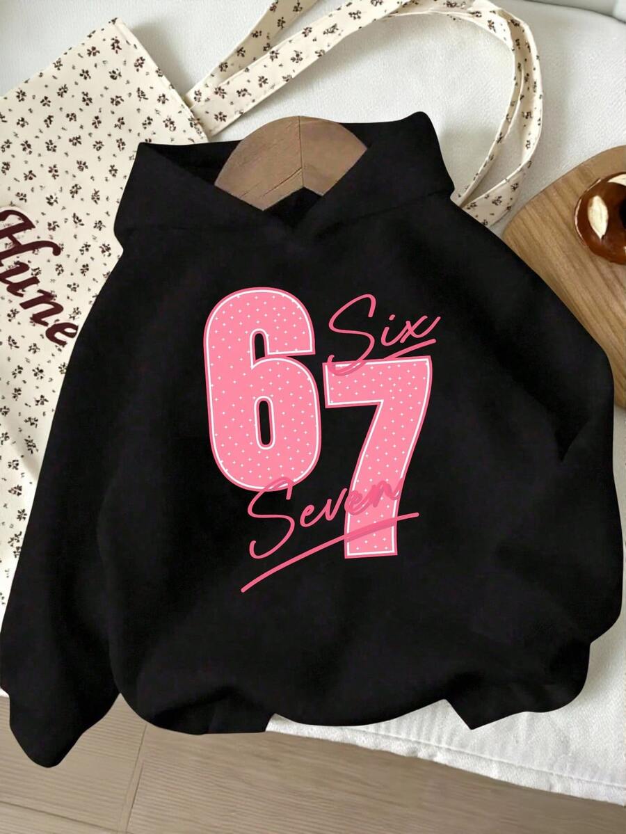 SHEIN (1件)青少年女孩粉色 67 Six Seven 波點數字字母印花連帽衛衣 長袖休閒可愛時尚清新粉色秋季日常上衣告別 - 黑色 - 查看 1