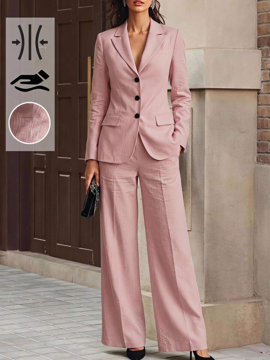 Editum 女款灰粉色格紋紋理布料鈕扣西裝外套與配套直筒長褲兩件套套裝 教師節 商務辦公 夏季休閒 - 粉色 - 查看 1