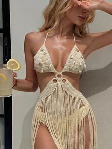 Sunnyshic Women's Pendant Decor Tassel Hem Backless Halter Neck Cover Up Beach Peach Summer Sexy Boho - Apricot - View 4