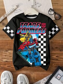 Transformers X SHEIN 青少年男孩字母棋盤格印花短袖休閒T恤 - 白色 - 查看 1