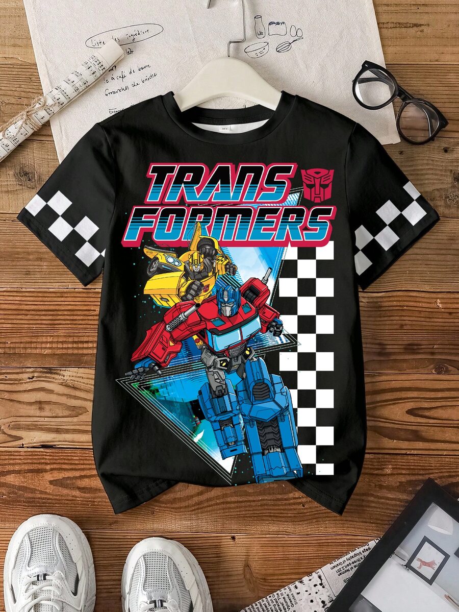 Transformers X SHEIN 青少年男孩字母棋盤格印花短袖休閒T恤 - 白色 - 查看 1