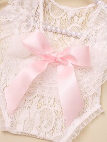 SHEIN Newborn Girl Lace Romper Set For Photoshoot Pink Ribbon Bow Romper Newborn Photo Props Infant Photography Outfit Autumn Fall - White - View 8