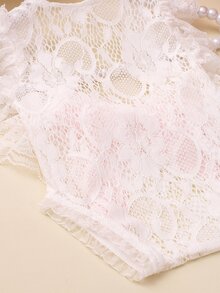 SHEIN Newborn Girl Lace Romper Set For Photoshoot Pink Ribbon Bow Romper Newborn Photo Props Infant Photography Outfit Autumn Fall - White - View 10